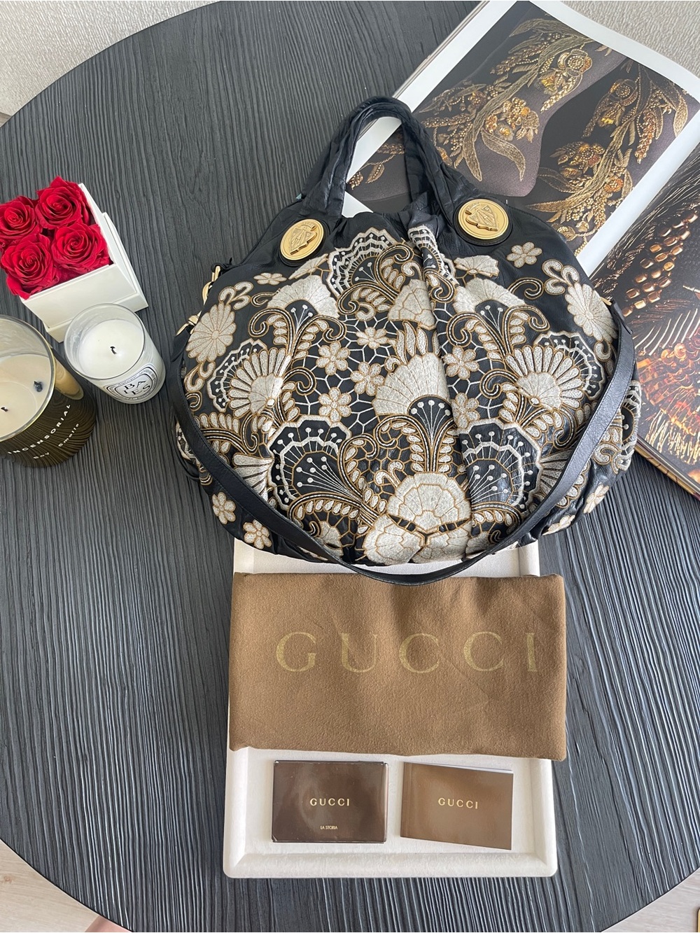 Gucci Hysteria Large Hobo Bag Black Leather Floral Embroidered Vintage $4500 - Picture 5 of 17